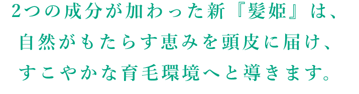 2つの成分が加わった新『髪姫』は、自然がもたらす恵みを頭皮に届け、すこやかな育毛環境へと導きます。