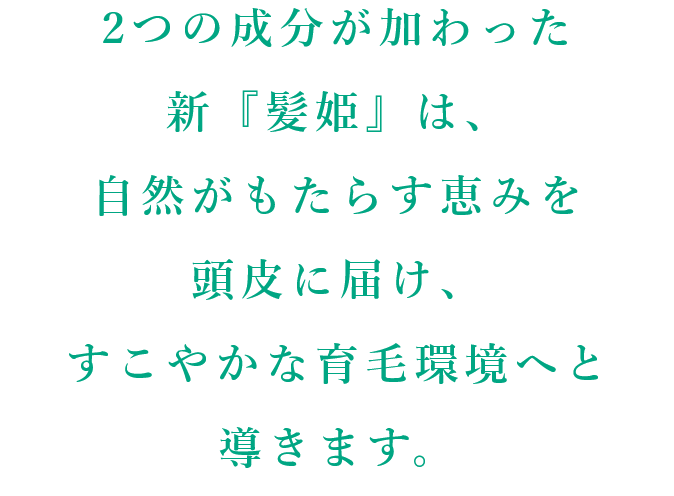 2つの成分が加わった新『髪姫』は、自然がもたらす恵みを頭皮に届け、すこやかな育毛環境へと導きます。