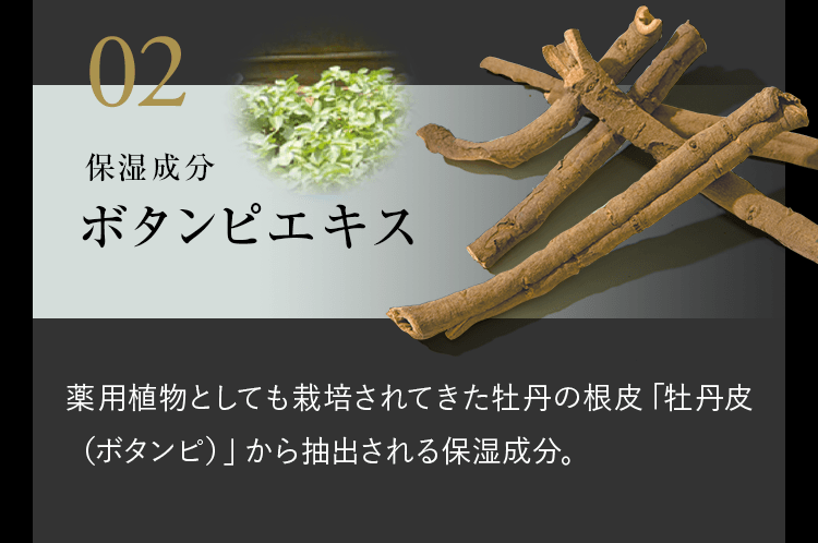 02保湿成分 ボタンピエキス 薬用植物としても栽培されてきた牡丹の根皮「牡丹皮（ボタンピ）」から抽出される保湿成分。